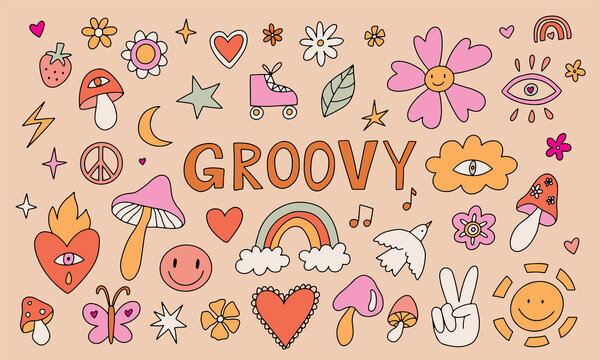 Vector set of 70s psychedelic clipart. Retro groovy graphic elements of mushrooms, flowers, eyes. Cartoon hippy stickers.