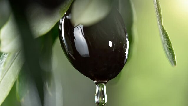 Super slow motion of dripping oil drop from black olive. Concept of pressed olive oil, macro shot. Filmed on high speed cinema camera, 1000fps.