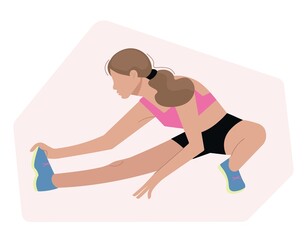 Obraz na płótnie Canvas Sportswoman doing stretching. Isolated on white girl doing exercises vector illustration. Warm up before workout and running design element. Stretching muscles in flat cartoon style.