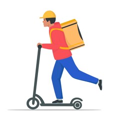 Delivery man on a scooter. A scooter courier delivers food. Vector flat illustration.