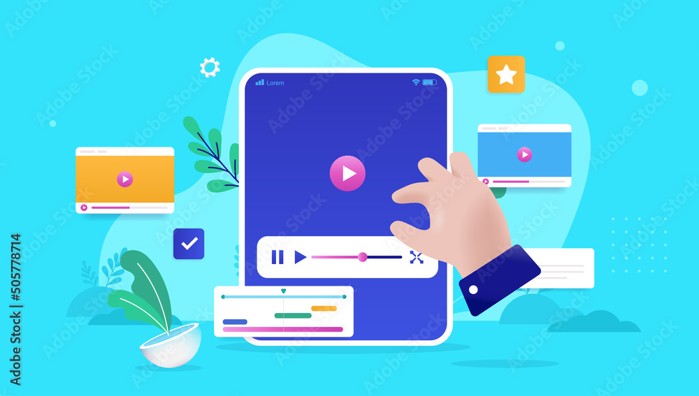 Poster Video editing app on tablet - Abstract vector illustration of hand working to edit film on device screen