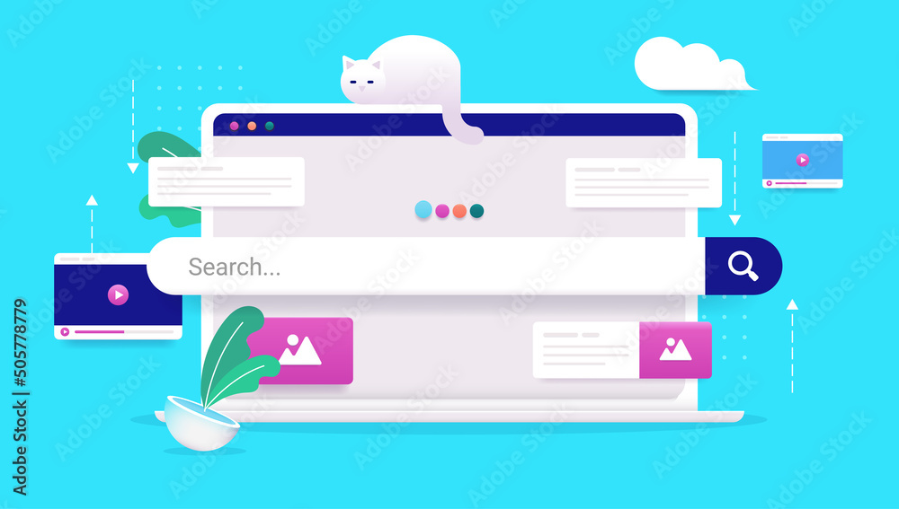 Fototapete Internet search - Laptop computer with search bar and web elements. Online usage concept, vector illustration