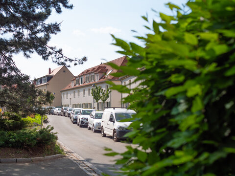 A Quiet And Peaceful Residential Area With Parking Cars In Small Town, Jena, In Germany, Europe. There Are No Free Parking Spaces.