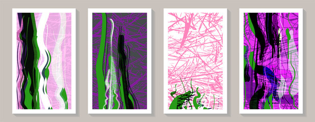 Modern abstract vertical rectangular backgrounds. Bright purple, pink, acid green curved stripes with grunge texture. Random shapes and line noise. Vector illustration.