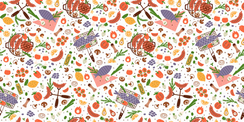 BBQ pattern. BBQ party seamless pattern. BBQ party food background. Summer picnic banner with barbecue grill, roasted sausages, tomatoes, vegetables, grilled fish.