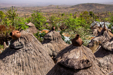 roofs of Konso tribe houses in southern Ethiopia, Omo Valley