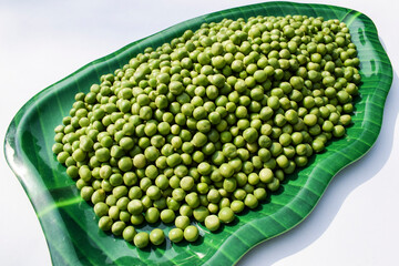 Top view of Fresh Green peas. Organic green vegetables in bowl with multicolor background. Hara matar dana Green pea seeds raw tender. Space to write text font - obrazy, fototapety, plakaty