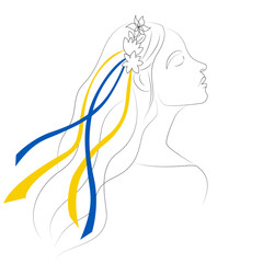 Ukraine woman line art. Ukrainian woman with a circlet of flowers on her head and blue and yellow ribbons in her hair. Vector illustration in linear style. - obrazy, fototapety, plakaty