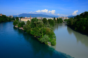 Fototapeta na wymiar Geneva Jonction, place where two rivers Rhone-left and Arve-right connect and from this place one river - Rhone flows further, Geneva, Switzerland, Europe
