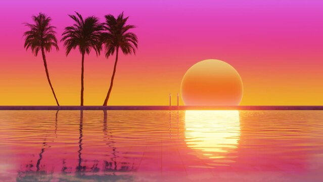 Private swimming pool with Palm trees at sunset time. 3d Synthwave animated background. Seamless loop.