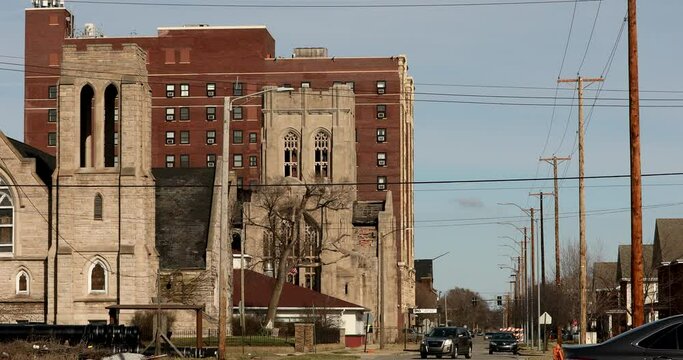Sunset shines on the historic central core of downtown Gary, Indiana, USA.