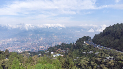Fototapeta na wymiar Panoramic landscape road La Palmas Medellin - Colombia taken with a drone