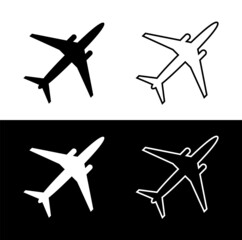 Icons of air planes for travel. Airplanes illustration. Symbols of fly aircraft flat jet silhouettes on white, black backgrounds. Signs of flight of simple airplane to airport for web. Vector
