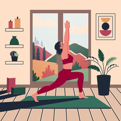 Beautiful yoga woman at home. Young yoga girl stretches indoor. Female character does meditation, breathing practice in room. Interior design. Vector flat cartoon illustration of healthy lifestyle	