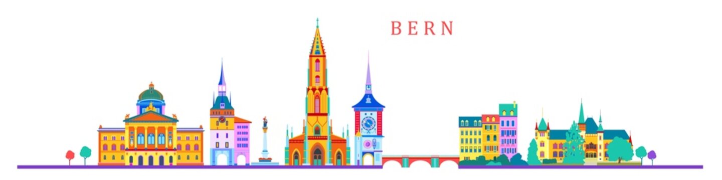 Bern city toristic monuments colorful vector illustration,  Switzerland