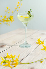 Glass of bees knees summer gin cocktail with lemon and thyme.
