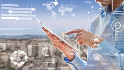 Data analysis concept. Business strategy. Peon with mobile communication.