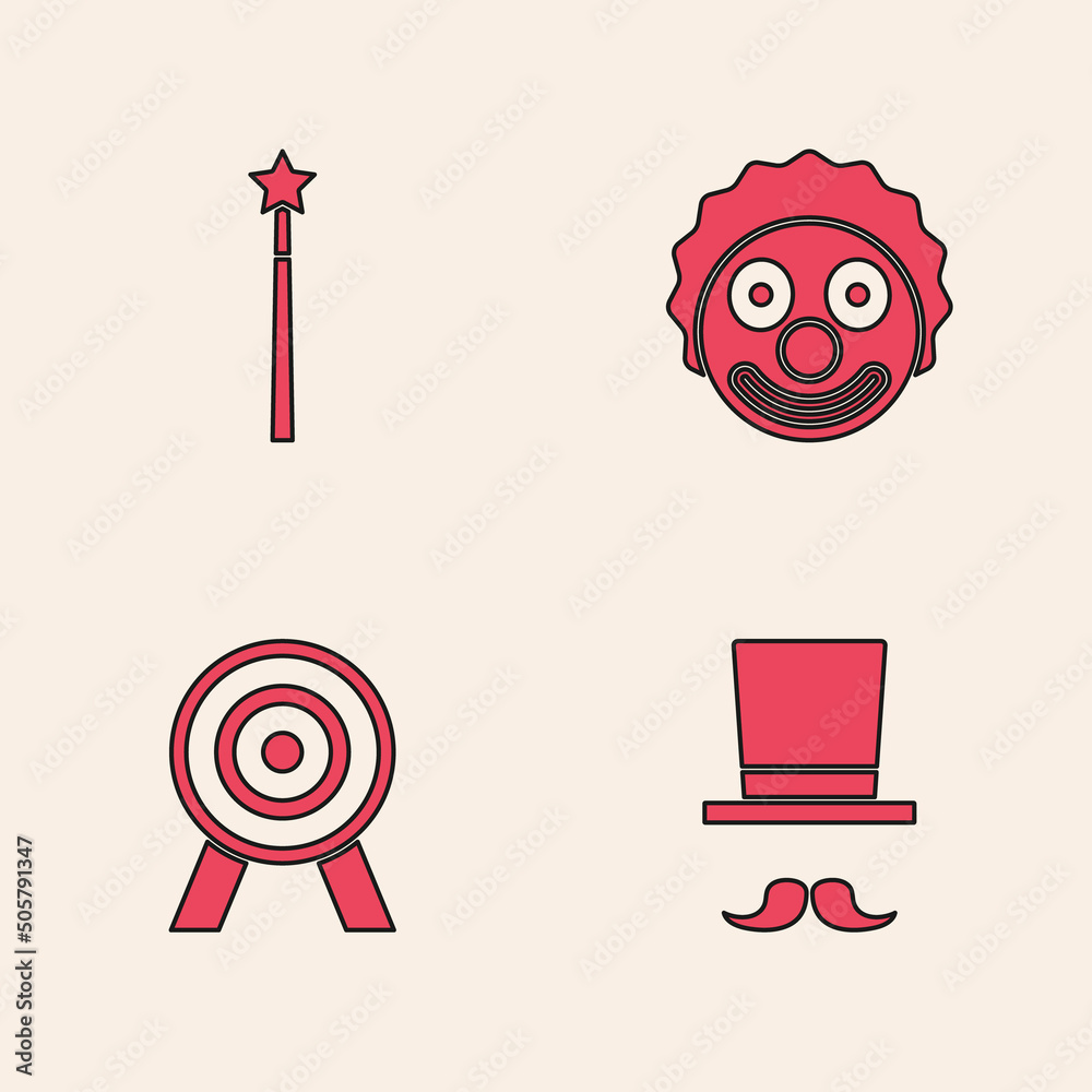 Poster Set Magician, wand, Clown head and Target icon. Vector