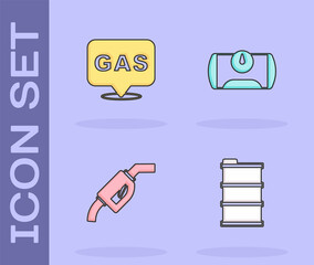 Set Barrel oil, Location and gas station, Gasoline pump nozzle and tank for vehicle icon. Vector