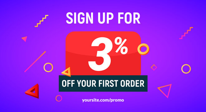 Coupon code discount sign up advertising offer. Discount promotion tag flyer 3 percent off promo sale