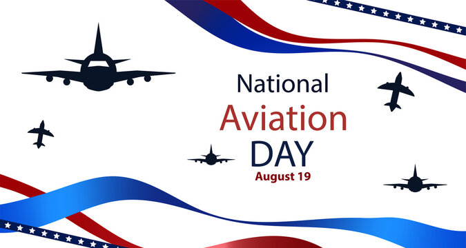 National Aviation Day celebrated in August 19. Design with airplane and American flag colors. Copy space. 