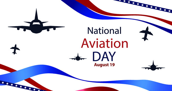 National Aviation Day celebrated in August 19. Design with airplane and American flag colors. Copy space. 