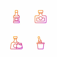 Set line Champagne in an ice bucket, Whiskey bottle and glass, and Alcohol drink Rum. Gradient color icons. Vector