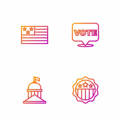 Set line USA Independence day, White House, American flag and Vote. Gradient color icons. Vector