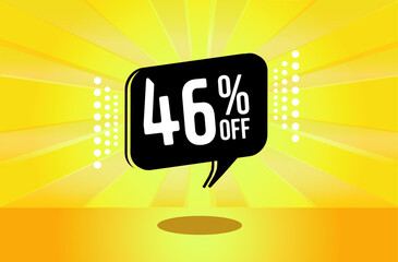 46% off. Yellow banner with forty six percent discount on a black balloon for mega big sales.