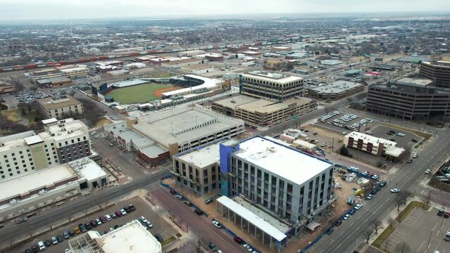 Downtown Amarillo, Texas USA. Drone Aerial View of Central Buildings, Baseball Park Stadium and City Hall