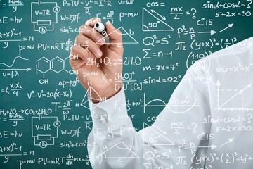 Mathematical expressions with business hand pointing a finger at a formula. Solution to the problem...