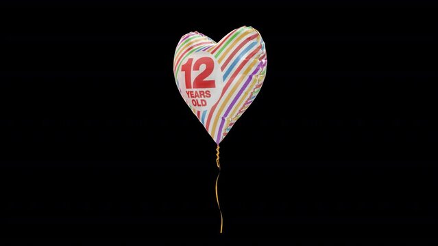 Birthday Celebration Helium Balloon. 12 Years Old. Loop Animation with Alpha Channel Prores 4444.