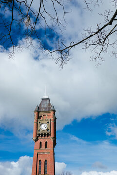 Clock tower against a winter sky with deciduous tree branches