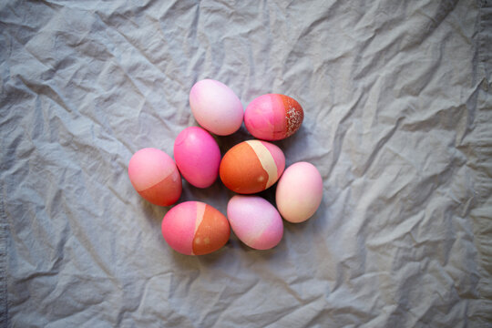 colourful Easter eggs on grey fabric