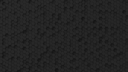 Abstract background with waves made of black futuristic honeycomb mosaic geometry primitive forms that goes up and down under black-white lighting. 3D illustration. 3D CG. High resolution.