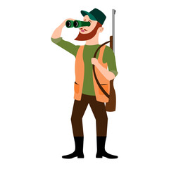 male hunter looks through binoculars isolated white background