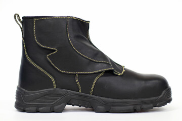 Photo of black leather shoes on a white background, these shoes are very strong, so they can protect your feet from hitting hard objects