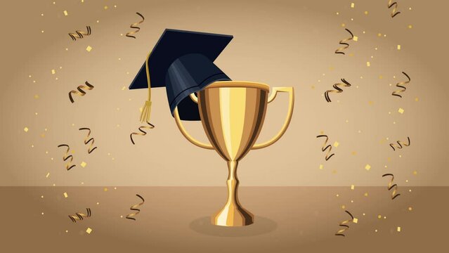 graduation celebration animation with hat in trophy