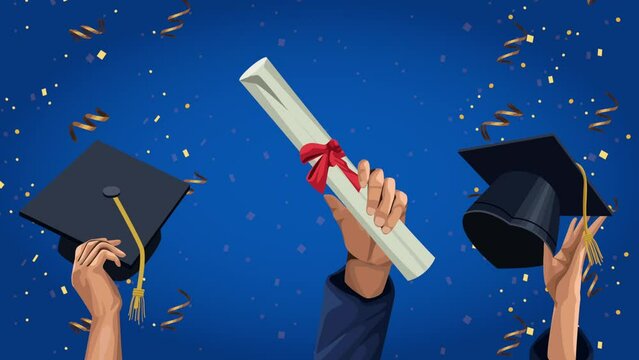 graduation celebration animation with hats and diploma