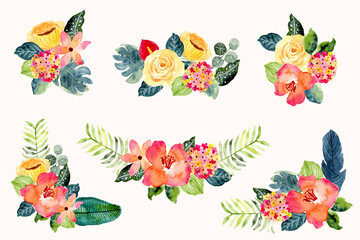 Obraz na płótnie Canvas summer tropical watercolor floral arrangement