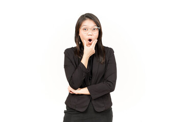 WOW Face Expression Of Beautiful Asian Woman Wearing Black Blazer Isolated On White Background