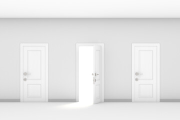 open and closed doors in hall. 3D illustration