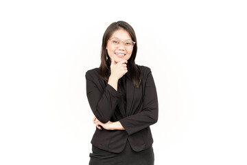 Smile and Looking to Camera Of Beautiful Asian Woman Wearing Black Blazer Isolated On White