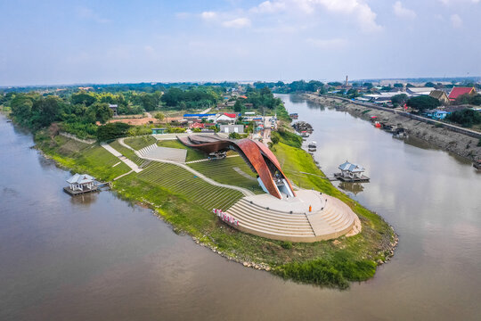 Aerial view of Pa San bridge (or Pasan bridge) on the Chao Phraya River in Nakhon Sawan, Thailand