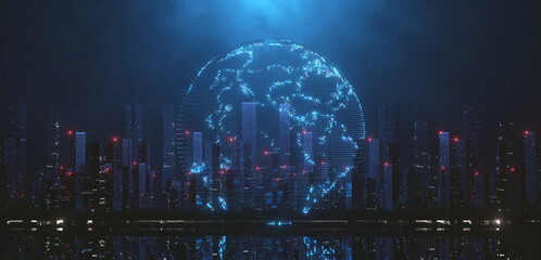 3D Rendering of planet earth hologram over mega city and light reflection from port at river. Concept for technology, metaverse, abstract virtual background or wallpaper