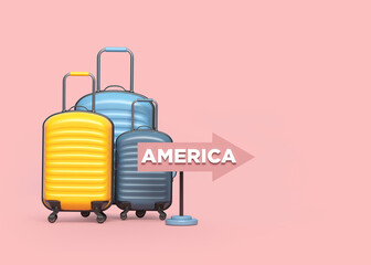 Colorful travel luggage and tiny road signs. On pink coral color background. Horizontal composition. The background is an endless backdrop. Isolated with clipping path.