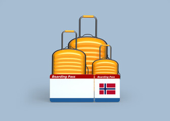 Orange color travel luggage and boarding ticket. On grayish-blue color background. Horizontal composition. The background is an endless backdrop. Isolated with clipping path.