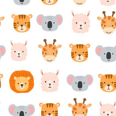 Seamless pattern with cute portrait animals head in cartoon style. Drawing african baby lion, giraffe and koala faces isolated on white background. Vector sweet tiger for kids. Jungle animal