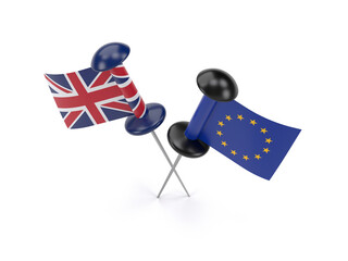 English and European Union flags. On white-colored background. Horizontal composition with copy space. Isolated with clipping path.