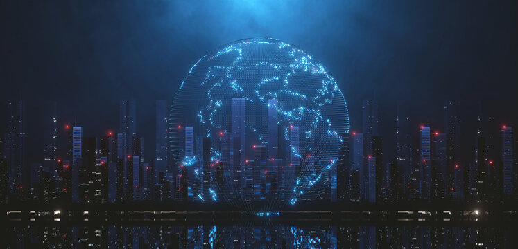 3D Rendering of planet earth hologram over mega city and light reflection from port at river. Concept for technology, metaverse, abstract virtual background or wallpaper